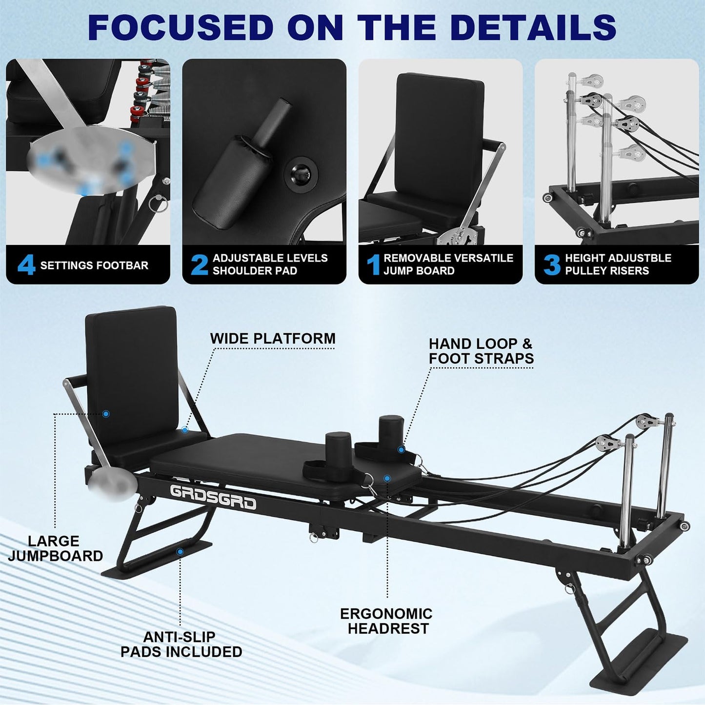 GRDSGRD Pilates Reformer Machine Foldable Pilates Reformer Machine Equipment for Home Workouts,Portable Reformer Pilates Machine for Home Gym,Black