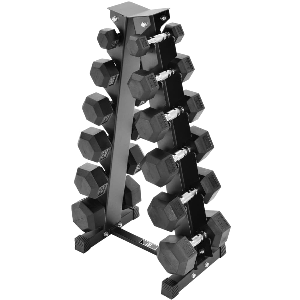 Equipped Gym - Weights Dumbbells Set With A Shaped 6 Tier Rack Stand. 5kg-25kg Pairs Cast Iron Gym Weights. Gym Equipment For Home And Commercial Use For Both Men And Women