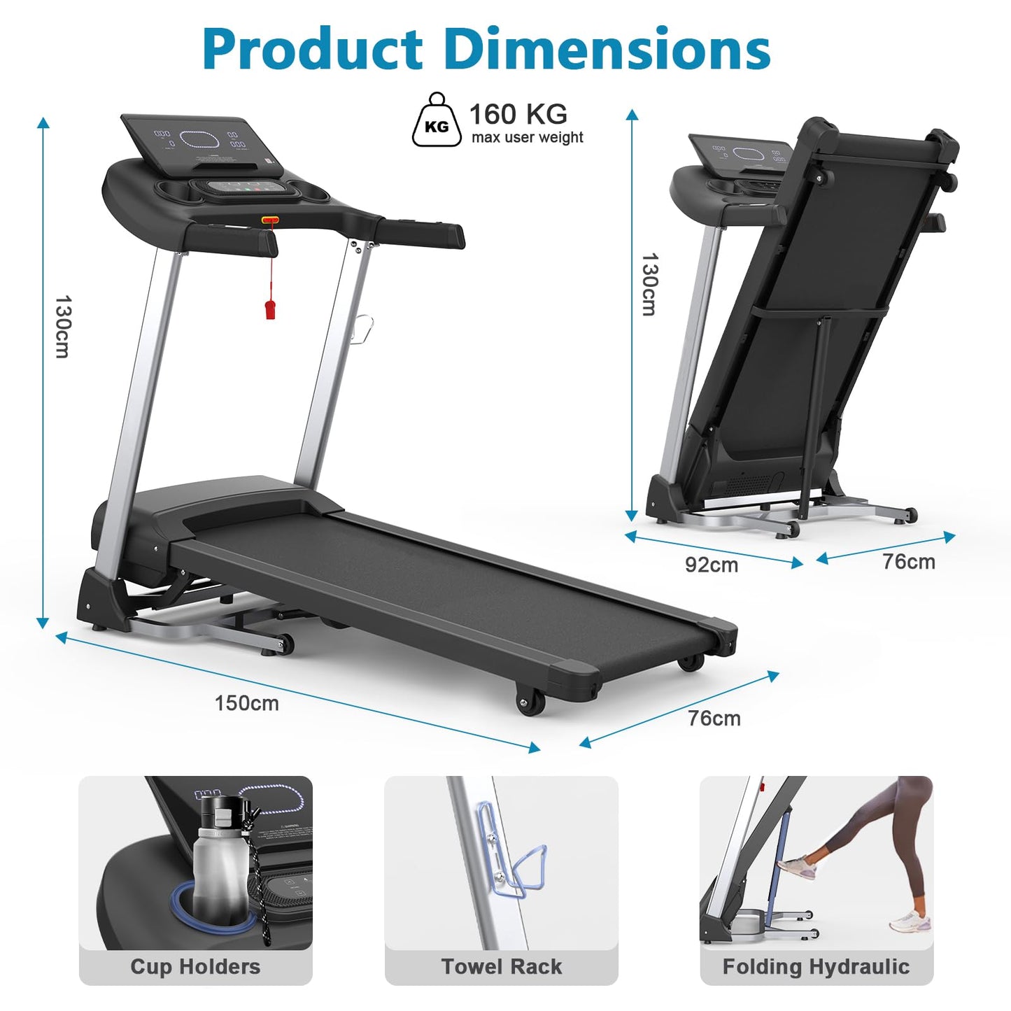 Kitopa 2025 Treadmills for Home, Sporty Digital Screen with 7HP, 20KM/H, 18% Auto Incline, Heart Rate & Bluetooth Speakers, Running Machine 160KG Capacity with Wide Belt for Home Office Gym