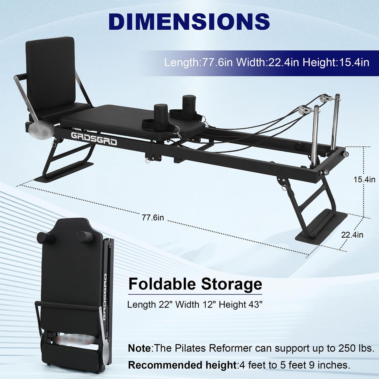 GRDSGRD Pilates Reformer Machine Foldable Pilates Reformer Machine Equipment for Home Workouts,Portable Reformer Pilates Machine for Home Gym,Black